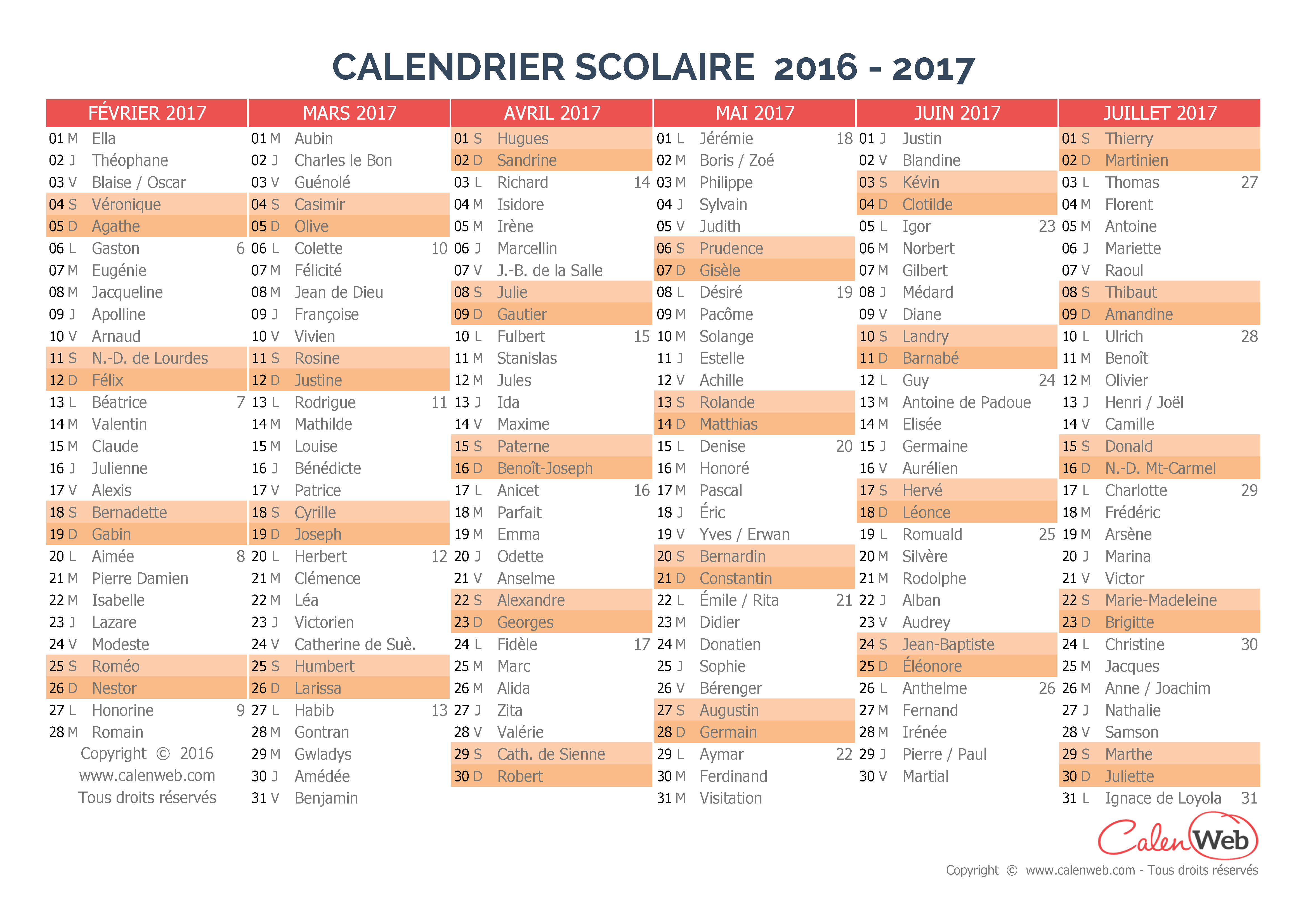 Calendrier Scolaire 2016