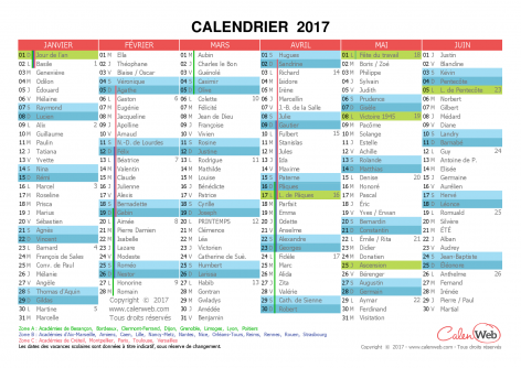 Calendrier semestriel – Année 2017 avec jours fériés, vacances scolaires et fêtes du jour
