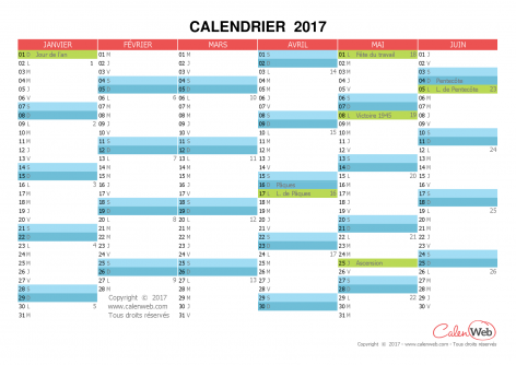 Calendrier semestriel – Année 2017 avec affichage des jours fériés
