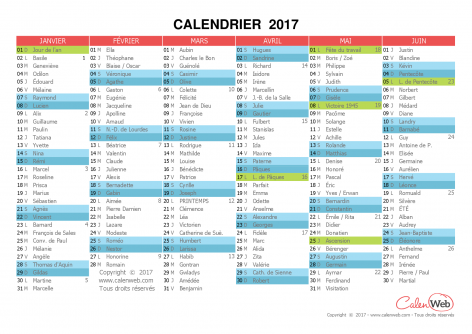 Calendrier semestriel – Année 2017 avec affichage des jours fériés et fêtes du jour