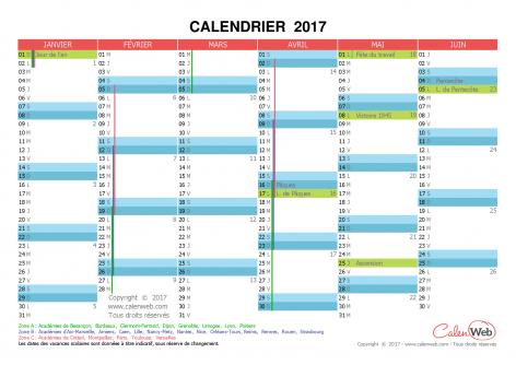 Calendrier semestriel – Année 2017 avec jours fériés et vacances scolaires