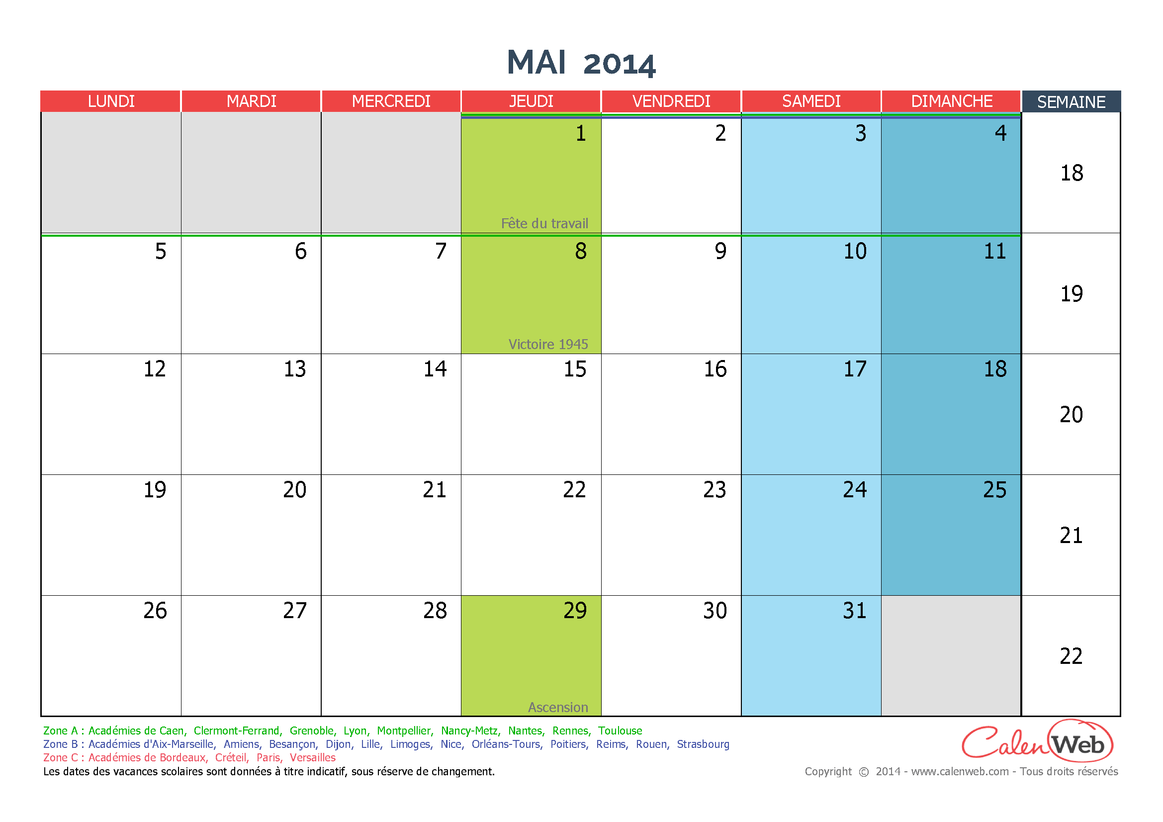 Calendrier mensuel - Mois de mai 2014 Avec jours fériés et vacances ...