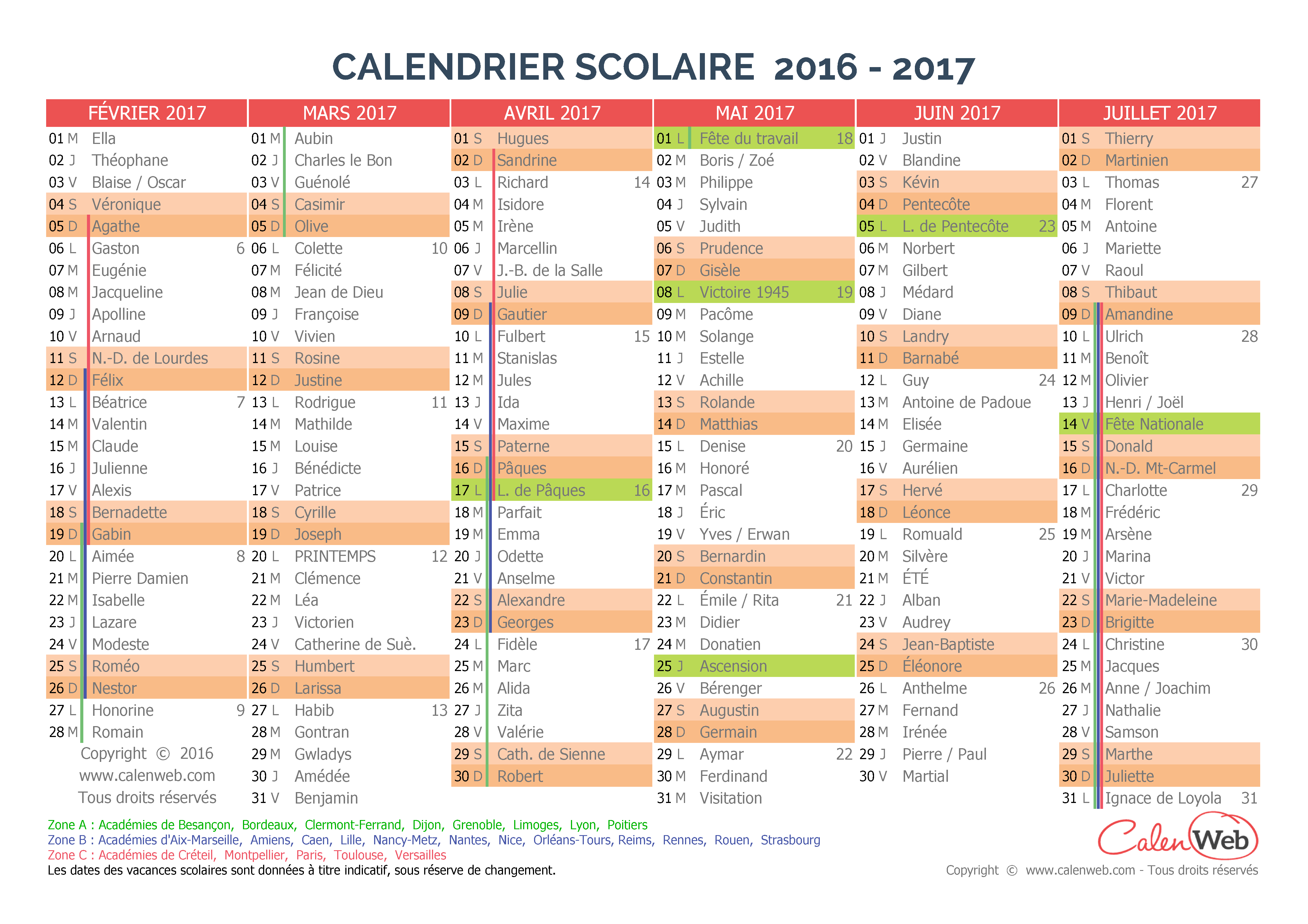 Calendrier Scolaire Semestriel 2016 2017 Avec Affichage Des Jours