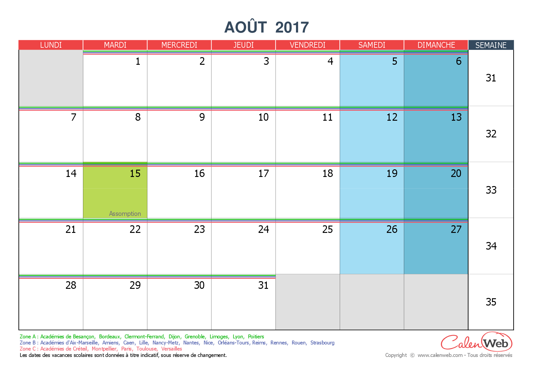 Calendrier Mensuel Mois Daoût 2017 Avec Jours Fériés Et Vacances