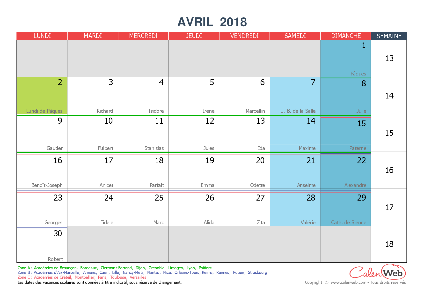 Calendrier Mensuel Mois D Avril 2018 Avec Fetes Jours Feries Et Vacances Scolaires Calenweb Com