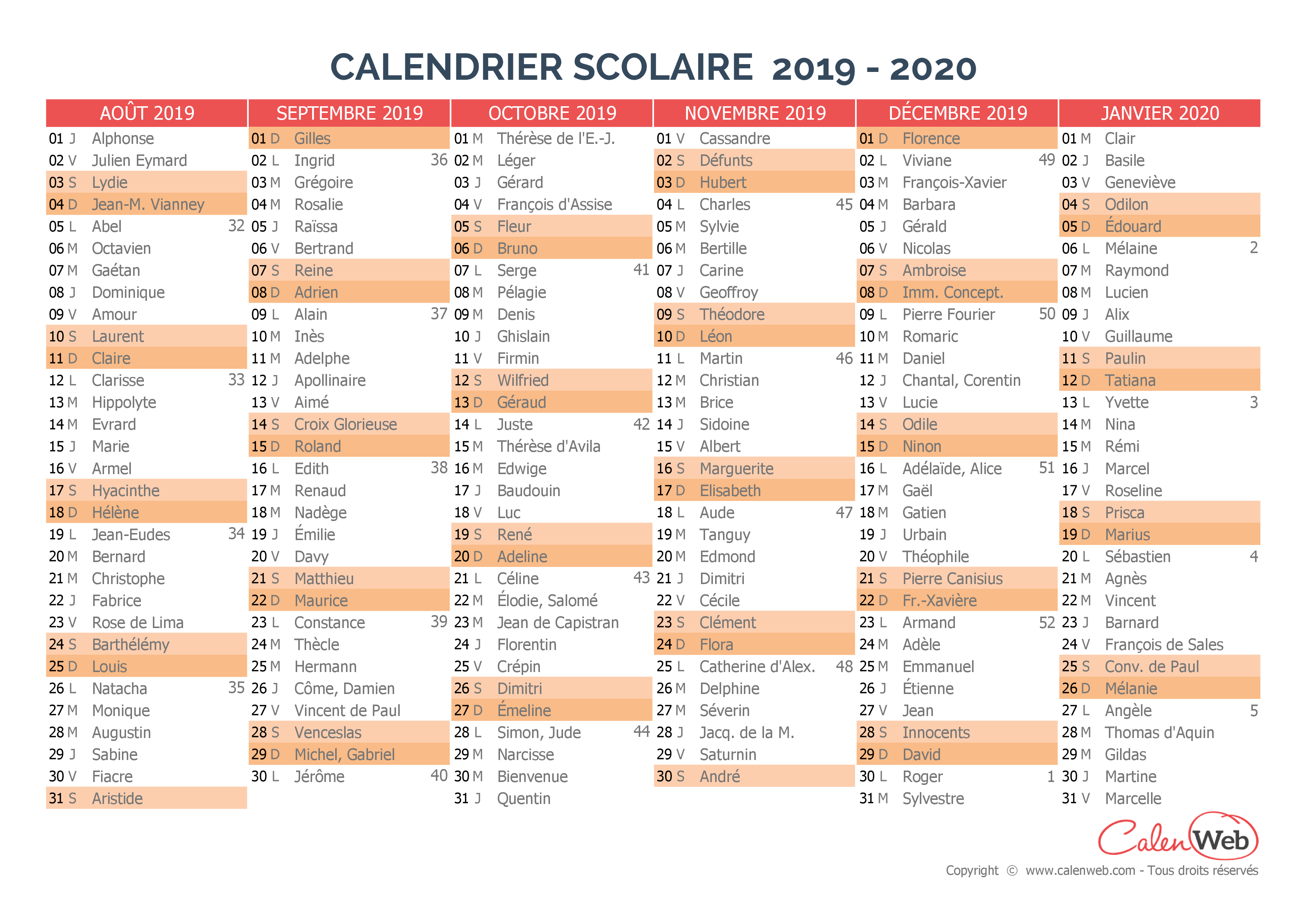 Calendrier Prenom 2023 Calendrier Scolaire Semestriel 2019-2020 Avec Affichage Des Fêtes Du Jour -  Calenweb.com