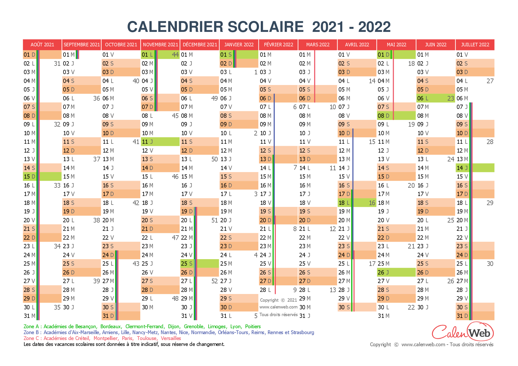 Calendrier 2022 Calenweb Calendrier scolaire annuel 2021 2022 avec affichage des jours 