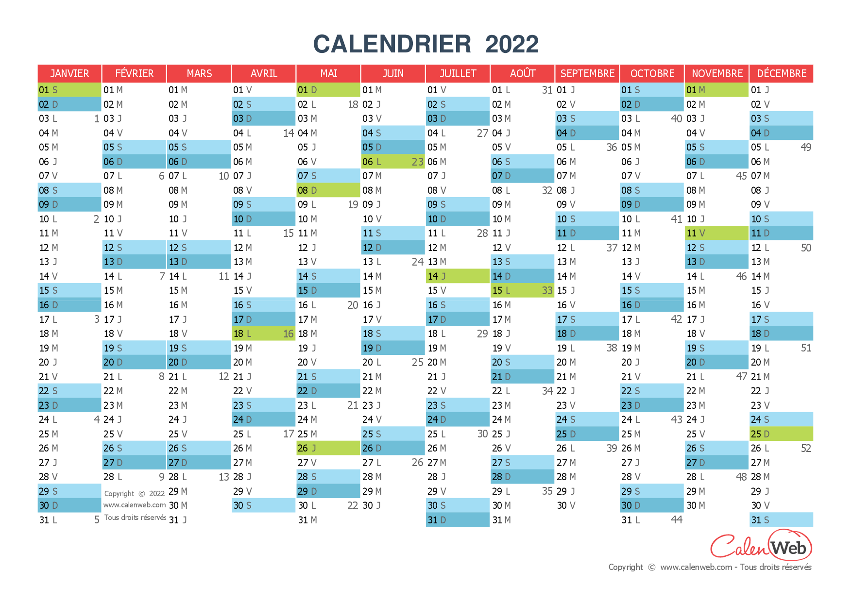  Calendrier  annuel Ann e 2022  avec jours f ri s 