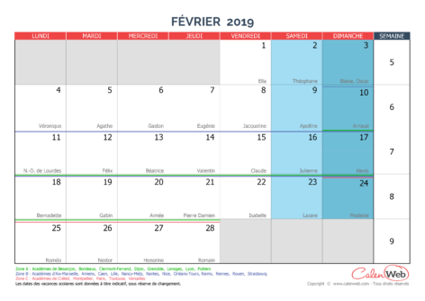 Calendrier mensuel – Mois de février 2019 Avec fêtes, jours fériés et vacances scolaires