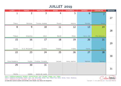 Calendrier mensuel – Mois de juillet 2019 Avec fêtes, jours fériés et vacances scolaires