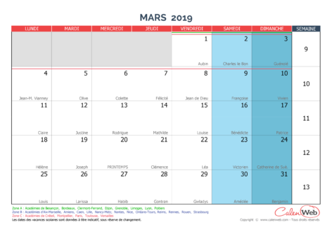 Calendrier mensuel – Mois de mars 2019 Avec fêtes, jours fériés et vacances scolaires