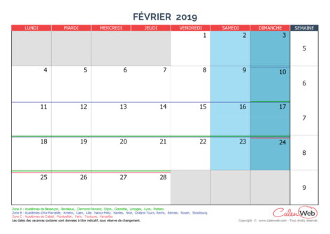 Calendrier mensuel – Mois de février 2019 Avec jours fériés et vacances scolaires