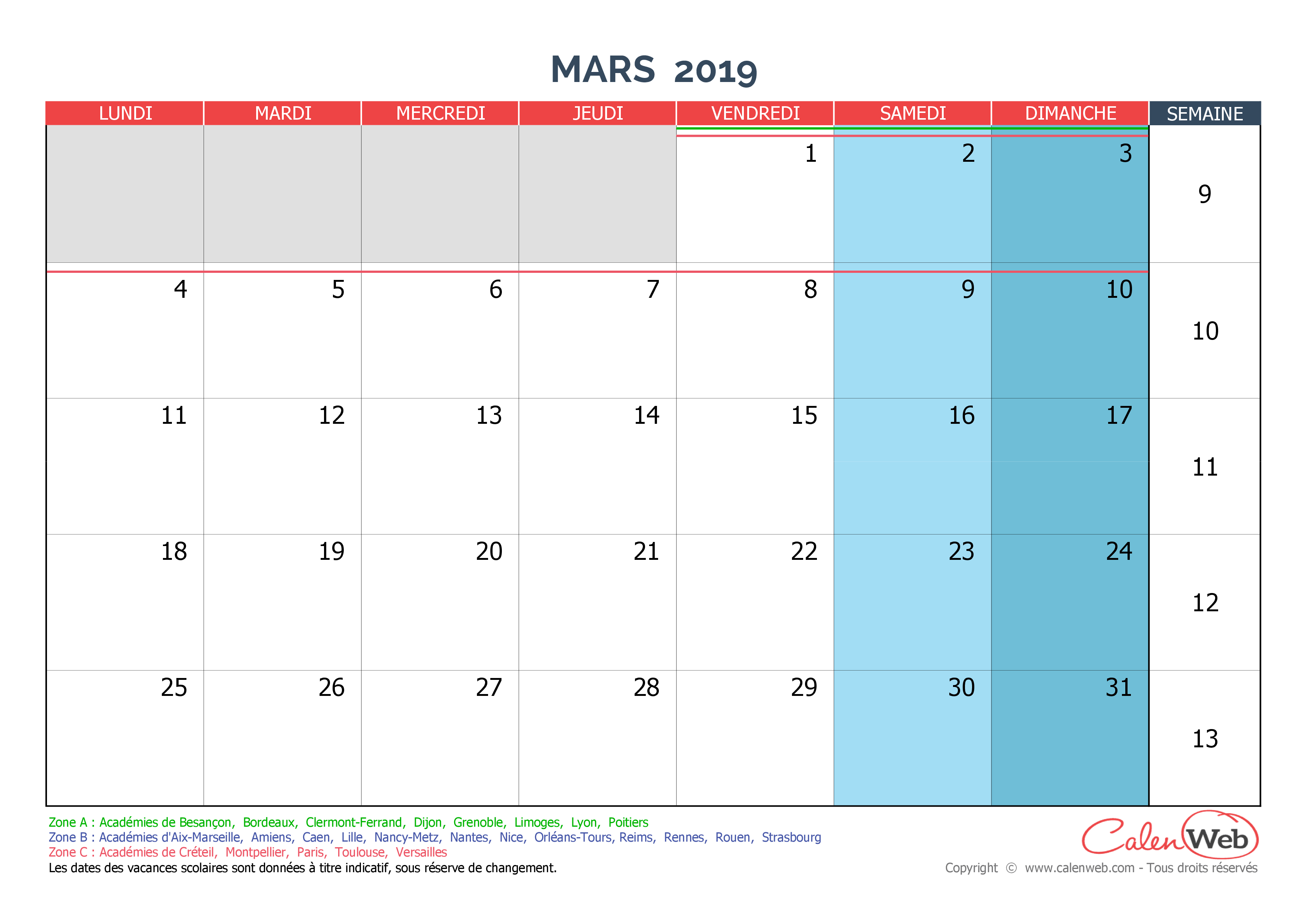  Calendrier  mensuel Mois  de mars 2022 Avec jours f ri s 