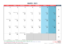 Calendrier mensuel – Mois de mars 2021