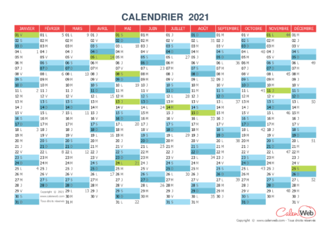 Calendrier annuel – Année 2021 avec jours fériés