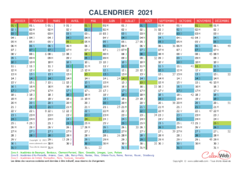 Calendrier annuel – Année 2021 avec jours fériés et vacances scolaires
