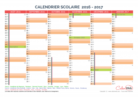 Calendrier scolaire semestriel 2016-2017 avec affichage des jours fériés et vacances scolaires
