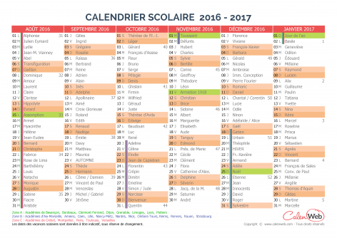 Calendrier scolaire semestriel 2016-2017 avec affichage des jours fériés, vacances scolaires et fêtes du jour