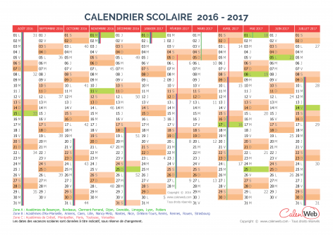 Calendrier scolaire annuel 2016-2017 avec affichage des jours fériés et vacances scolaires