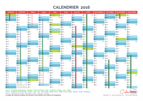 Calendrier annuel – Année 2016 avec jours fériés et vacances scolaires