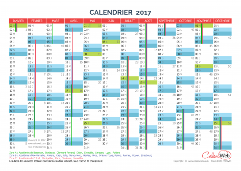 Calendrier annuel – Année 2017 avec jours fériés et vacances scolaires