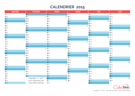 Calendrier semestriel – Année 2015 Planning semestriel vierge