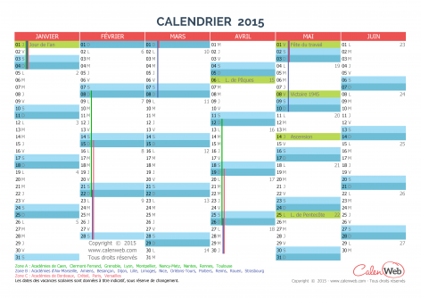 Calendrier semestriel – Année 2015 avec jours fériés et vacances scolaires