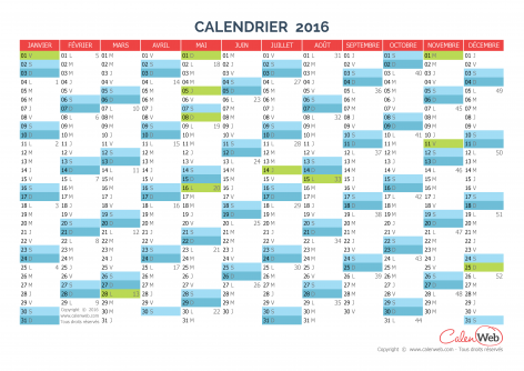Calendrier annuel – Année 2016 avec jours fériés
