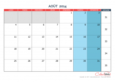 Calendrier mensuel – Mois d’août 2014 Version vierge