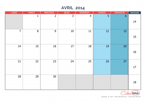 Calendrier mensuel – Mois d’avril 2014 Version vierge