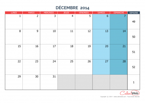 Calendrier mensuel – Mois de décembre 2014 Version vierge