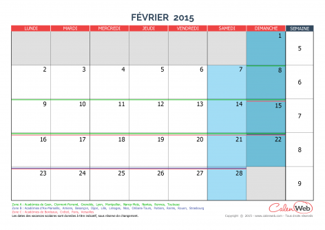 Calendrier mensuel – Mois de février 2015 Avec jours fériés et vacances scolaires