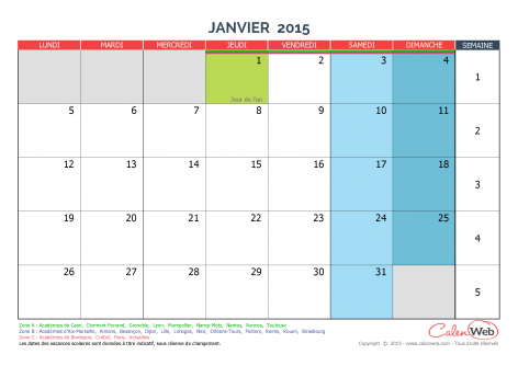 Calendrier mensuel 2015 personnalisable avec jours fériés et vacances scolaires