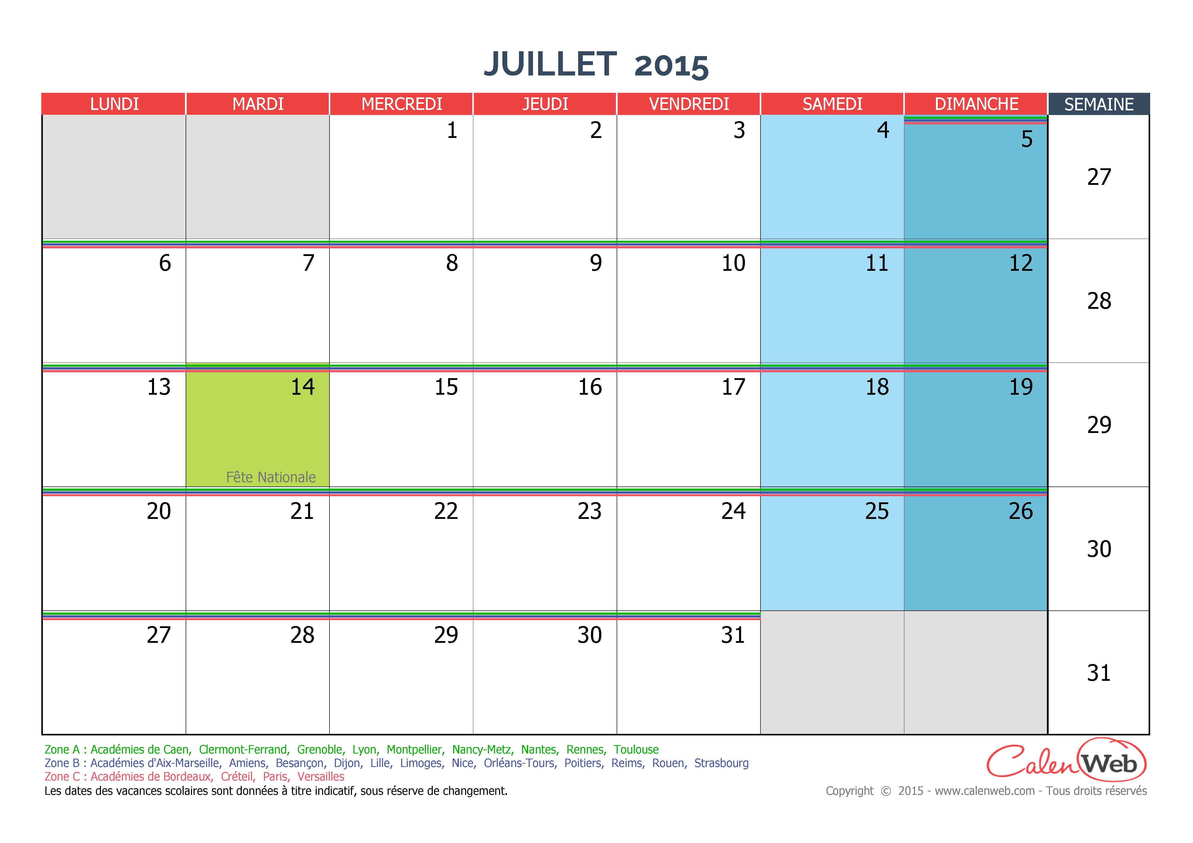  Calendrier  mensuel  Mois de juillet 2022 Avec jours 