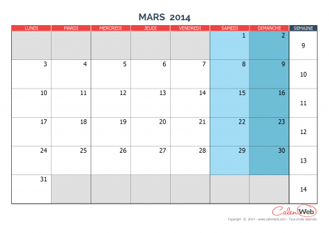 Calendrier mensuel – Mois de mars 2014 Version vierge