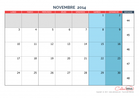 Calendrier mensuel – Mois de novembre 2014 Version vierge