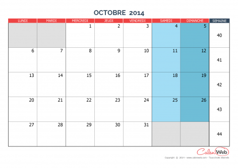 Calendrier mensuel – Mois d’octobre 2014 Version vierge