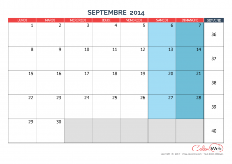 Calendrier mensuel – Mois de septembre 2014 Version vierge