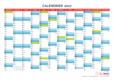 Calendrier annuel – Année 2017 avec jours fériés