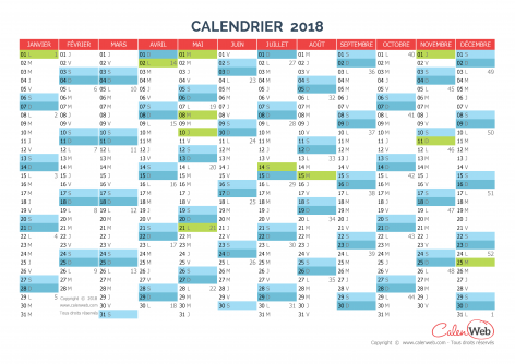 Calendrier annuel – Année 2018 avec jours fériés