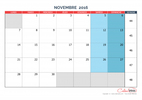 Calendrier mensuel – Mois de novembre 2016 Version vierge