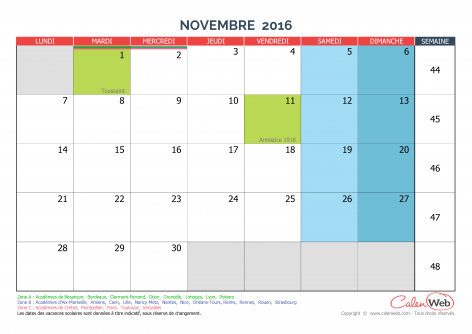 Calendrier mensuel – Mois de novembre 2016 Avec jours fériés et vacances scolaires