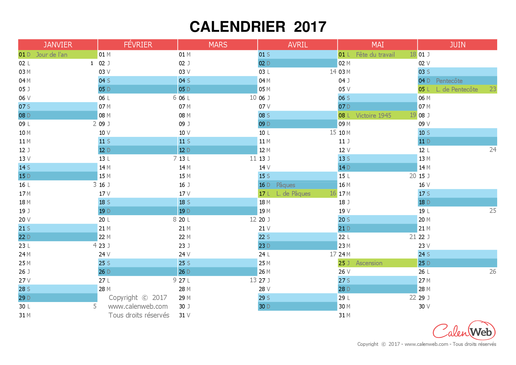 Calendrier semestriel - Année 2017 avec affichage des jours fériés ...