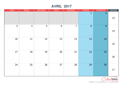 Calendrier mensuel – Mois d’avril 2017 Version vierge