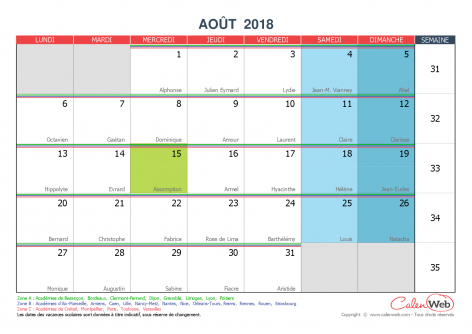 Calendrier mensuel – Mois d’août 2018 Avec fêtes, jours fériés et vacances scolaires