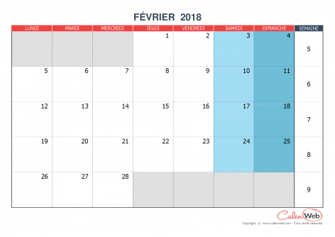 Calendrier mensuel – Mois de février 2018 Version vierge