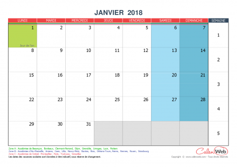 Calendrier mensuel 2018 personnalisable avec jours fériés et vacances scolaires