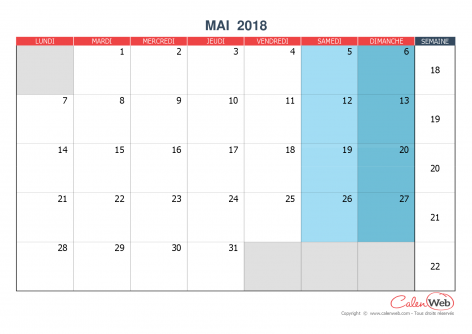 Calendrier mensuel – Mois de mai 2018 Version vierge
