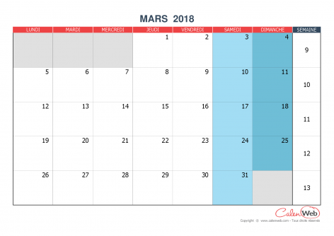 Calendrier mensuel – Mois de mars 2018 Version vierge