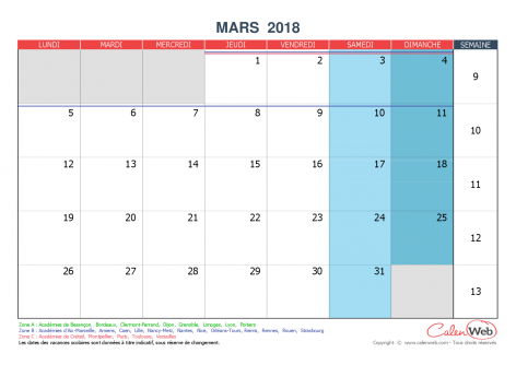 Calendrier mensuel – Mois de mars 2018 Avec jours fériés et vacances scolaires
